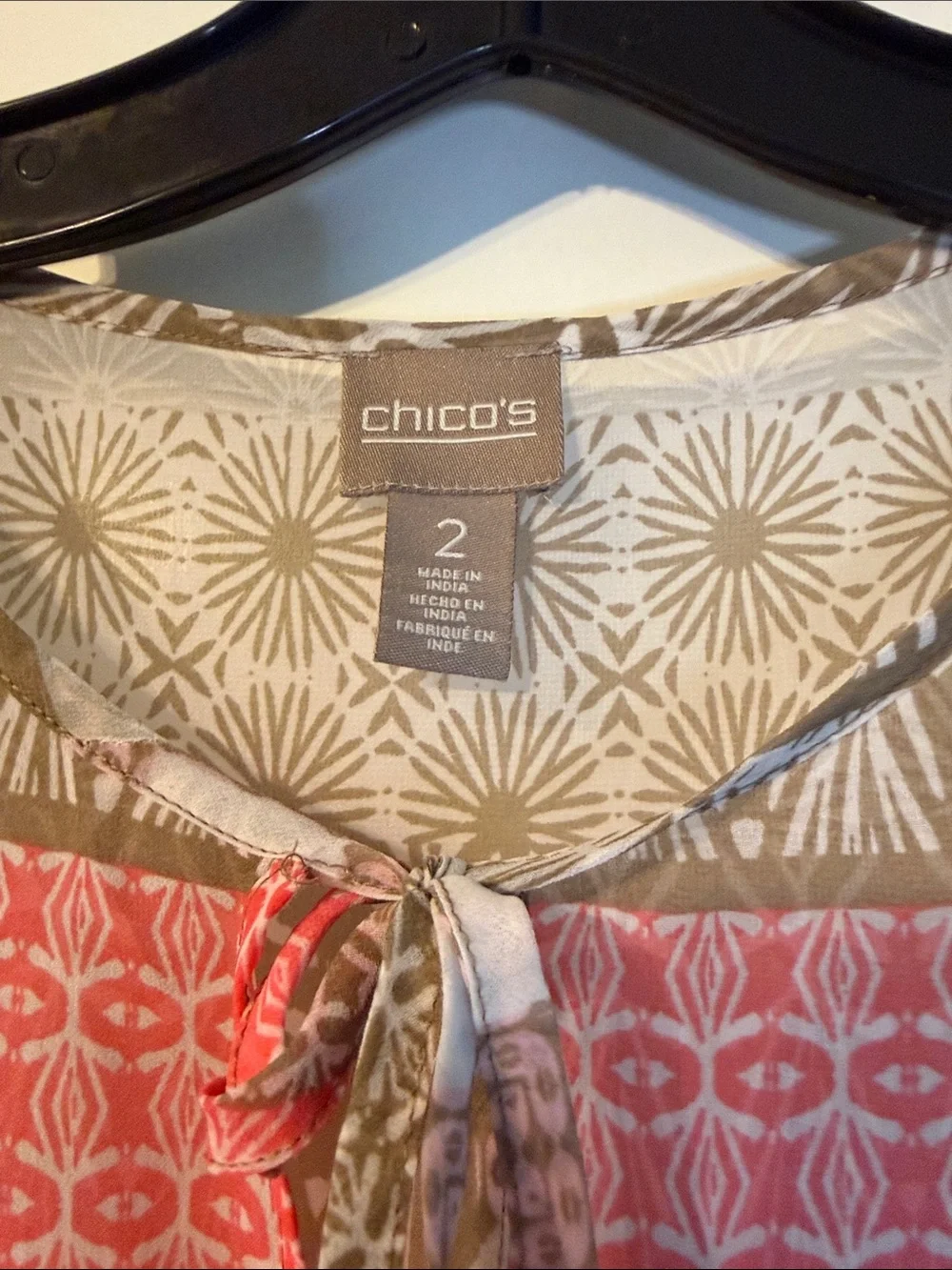 Chico's Olive, Coral & Cream Patchwork Tie-Neck Blouse